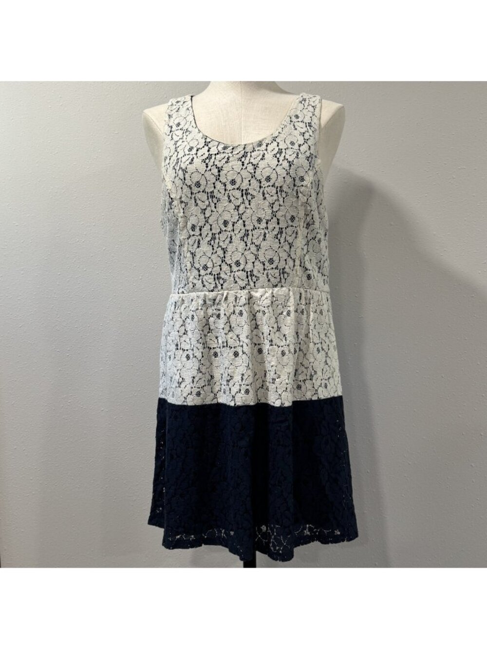 Rue 21 Mini Dress Womens Lined XL? Cream Blue Floral Lace Sleeveless Pleated Y2K